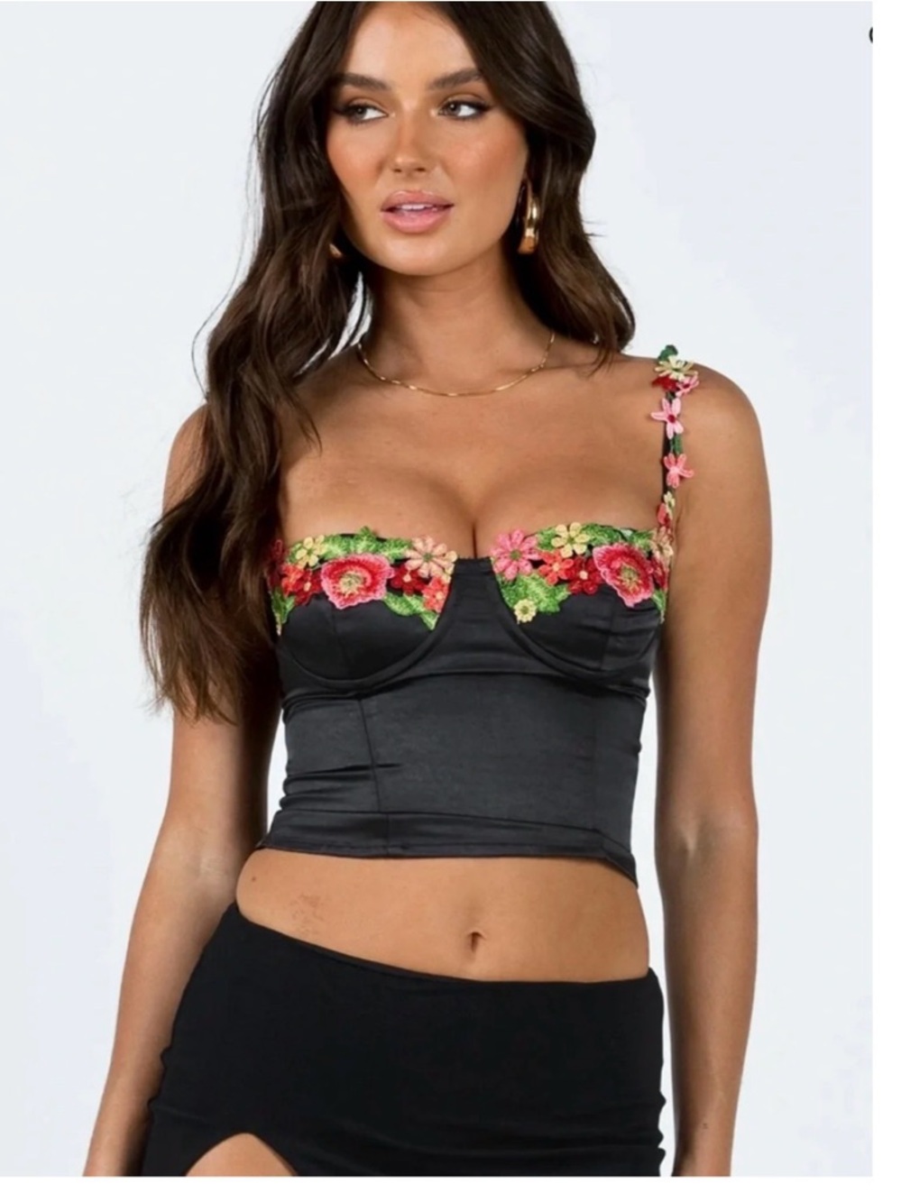 Black Floral Embroidered Bustier Satin Top Size 2